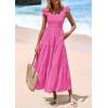 imagePRETTYGARDEN Womens Summer Square Neck Maxi Dresses Cap Sleeve Eyelet Smocked Tiered A Line Flowy Long Dress with PocketsHot Pink