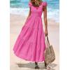 imagePRETTYGARDEN Womens Summer Square Neck Maxi Dresses Cap Sleeve Eyelet Smocked Tiered A Line Flowy Long Dress with PocketsHot Pink