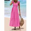 imagePRETTYGARDEN Womens Summer Square Neck Maxi Dresses Cap Sleeve Eyelet Smocked Tiered A Line Flowy Long Dress with PocketsHot Pink