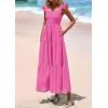 imagePRETTYGARDEN Womens Summer Square Neck Maxi Dresses Cap Sleeve Eyelet Smocked Tiered A Line Flowy Long Dress with PocketsHot Pink