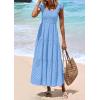 imagePRETTYGARDEN Womens Summer Square Neck Maxi Dresses Cap Sleeve Eyelet Smocked Tiered A Line Flowy Long Dress with PocketsLight Blue