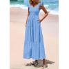imagePRETTYGARDEN Womens Summer Square Neck Maxi Dresses Cap Sleeve Eyelet Smocked Tiered A Line Flowy Long Dress with PocketsLight Blue