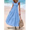 imagePRETTYGARDEN Womens Summer Square Neck Maxi Dresses Cap Sleeve Eyelet Smocked Tiered A Line Flowy Long Dress with PocketsLight Blue