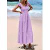imagePRETTYGARDEN Womens Summer Square Neck Maxi Dresses Cap Sleeve Eyelet Smocked Tiered A Line Flowy Long Dress with PocketsLight Purple
