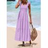 imagePRETTYGARDEN Womens Summer Square Neck Maxi Dresses Cap Sleeve Eyelet Smocked Tiered A Line Flowy Long Dress with PocketsLight Purple