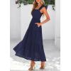 imagePRETTYGARDEN Womens Summer Square Neck Maxi Dresses Cap Sleeve Eyelet Smocked Tiered A Line Flowy Long Dress with PocketsNavy