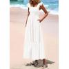 imagePRETTYGARDEN Womens Summer Square Neck Maxi Dresses Cap Sleeve Eyelet Smocked Tiered A Line Flowy Long Dress with PocketsWhite