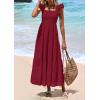 imagePRETTYGARDEN Womens Summer Square Neck Maxi Dresses Cap Sleeve Eyelet Smocked Tiered A Line Flowy Long Dress with PocketsWine Red