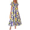 imagePRETTYGARDEN Boho Dresses for Women 2025 Summer Floral Short Sleeve V Neck Smocked Flowy Beach Vacation Maxi DressPurple Yellow Floral
