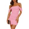 imagePRETTYGARDEN Cocktail Dresses 2025 Summer Off Shoulder Sexy Bodycon Ruched Mesh Graduation Wedding Guest Mini Short DressPink