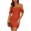 imagePRETTYGARDEN Cocktail Dresses 2025 Summer Off Shoulder Sexy Bodycon Ruched Mesh Graduation Wedding Guest Mini Short DressRust Red