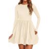 imagePRETTYGARDEN Fall Dresses for Women 2025 Casual Long Sleeve Bubble Cute Crew Neck A Line Mini Short Dress with PocketsApricot