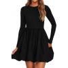 imagePRETTYGARDEN Fall Dresses for Women 2025 Casual Long Sleeve Bubble Cute Crew Neck A Line Mini Short Dress with PocketsBlack
