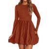 imagePRETTYGARDEN Fall Dresses for Women 2025 Casual Long Sleeve Bubble Cute Crew Neck A Line Mini Short Dress with PocketsBrick Red