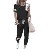 imagePRETTYGARDEN Women Summer Two Piece Outfits Striped Short Sleeve Pullover and Long Pants Tracksuit Travel Pajama Lounge SetBlack