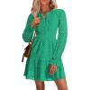 imagePRETTYGARDEN Womens 2025 Long Sleeve Mini Dress Eyelet V Neck A Line Casual Elegant Holiday Wedding Guest Party DressesGreen