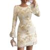 imagePRETTYGARDEN Womens Floral Embroidered Dress 2025 Fall Long Bell Sleeve Ribbon Flower Mini Short Mesh Bodycon Party DressesBeige
