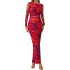 imagePRETTYGARDEN Womens Long Sleeve Bodycon Dresses 2025 Fall Sexy Floral Mesh Slit Ruched Tight Maxi Wedding Guest DressPurple Orange