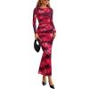 imagePRETTYGARDEN Womens Long Sleeve Bodycon Dresses 2025 Fall Sexy Floral Mesh Slit Ruched Tight Maxi Wedding Guest DressRed Flower