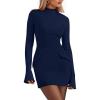 imagePRETTYGARDEN Womens Short Formal Dresses 2025 Fall Long Sleeve Mock Neck Elegant Cocktail Party Club Bodycon Mini DressNavy Blue