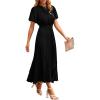 imagePRETTYGARDEN Womens Summer Midi Dresses Puff Short Sleeve V Neck Swiss Dot Pleated A Line Flowy Long Wedding Guest DressBlack