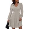 imagePRETTYGARDEN Womens Sweater Dress 2025 Fall Long Sleeve V Neck A Line Fit and Flare Ribbed Short Dresses Knit Outfits PocketsLight Grey
