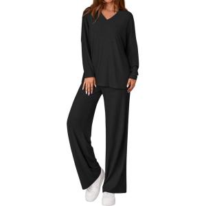 imagePRETTYGARDEN 2 Piece Lounge Sets for Women Fall Outfits 2025 Casual Loose Long Sleeve Tops Wide Leg Pants Matching Pajama SetBlack