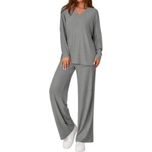 imagePRETTYGARDEN 2 Piece Lounge Sets for Women Fall Outfits 2025 Casual Loose Long Sleeve Tops Wide Leg Pants Matching Pajama SetGrey