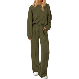imagePRETTYGARDEN 2 Piece Sets For Women Fall Trendy Long Sleeve Sweatshirt Wide Leg Pants Loungewear Set Matching SweatsuitArmy Green