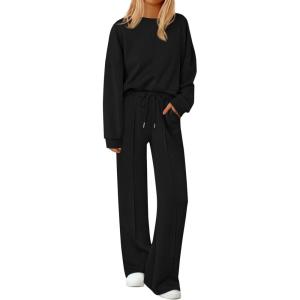 imagePRETTYGARDEN 2 Piece Sets For Women Fall Trendy Long Sleeve Sweatshirt Wide Leg Pants Loungewear Set Matching SweatsuitBlack