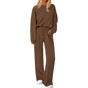 imagePRETTYGARDEN 2 Piece Sets For Women Fall Trendy Long Sleeve Sweatshirt Wide Leg Pants Loungewear Set Matching SweatsuitBrown