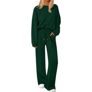 imagePRETTYGARDEN 2 Piece Sets For Women Fall Trendy Long Sleeve Sweatshirt Wide Leg Pants Loungewear Set Matching SweatsuitDark Green
