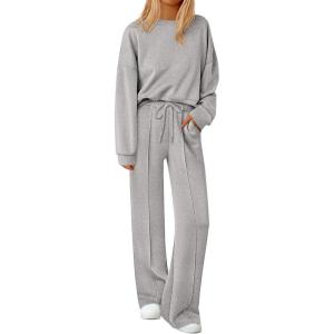 imagePRETTYGARDEN 2 Piece Sets For Women Fall Trendy Long Sleeve Sweatshirt Wide Leg Pants Loungewear Set Matching SweatsuitGrey