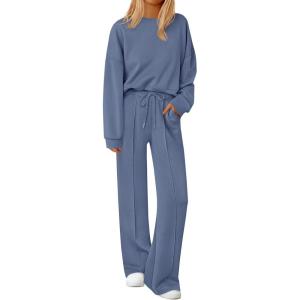 imagePRETTYGARDEN 2 Piece Sets For Women Fall Trendy Long Sleeve Sweatshirt Wide Leg Pants Loungewear Set Matching SweatsuitGrey Blue