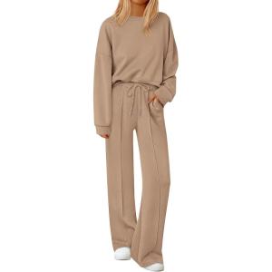 imagePRETTYGARDEN 2 Piece Sets For Women Fall Trendy Long Sleeve Sweatshirt Wide Leg Pants Loungewear Set Matching SweatsuitKhaki