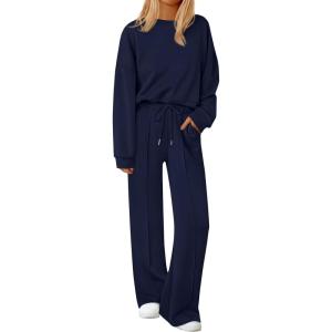 imagePRETTYGARDEN 2 Piece Sets For Women Fall Trendy Long Sleeve Sweatshirt Wide Leg Pants Loungewear Set Matching SweatsuitNavy