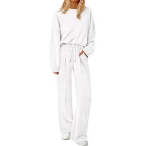 imagePRETTYGARDEN 2 Piece Sets For Women Fall Trendy Long Sleeve Sweatshirt Wide Leg Pants Loungewear Set Matching SweatsuitWhite