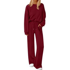 imagePRETTYGARDEN 2 Piece Sets For Women Fall Trendy Long Sleeve Sweatshirt Wide Leg Pants Loungewear Set Matching SweatsuitWine Red