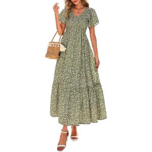 imagePRETTYGARDEN Boho Dresses for Women 2025 Summer Floral Short Sleeve V Neck Smocked Flowy Beach Vacation Maxi DressArmy Green Floral