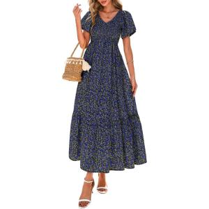 imagePRETTYGARDEN Boho Dresses for Women 2025 Summer Floral Short Sleeve V Neck Smocked Flowy Beach Vacation Maxi DressBlack Blue Floral