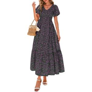 imagePRETTYGARDEN Boho Dresses for Women 2025 Summer Floral Short Sleeve V Neck Smocked Flowy Beach Vacation Maxi DressBlack Purple Floral