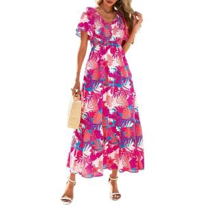 imagePRETTYGARDEN Boho Dresses for Women 2025 Summer Floral Short Sleeve V Neck Smocked Flowy Beach Vacation Maxi DressPink Floral