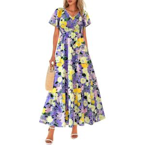 imagePRETTYGARDEN Boho Dresses for Women 2025 Summer Floral Short Sleeve V Neck Smocked Flowy Beach Vacation Maxi DressPurple Yellow Floral