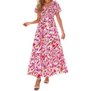 imagePRETTYGARDEN Boho Dresses for Women 2025 Summer Floral Short Sleeve V Neck Smocked Flowy Beach Vacation Maxi DressWhite Pink Floral