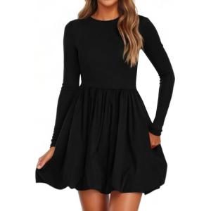 imagePRETTYGARDEN Fall Dresses for Women 2025 Casual Long Sleeve Bubble Cute Crew Neck A Line Mini Short Dress with PocketsBlack