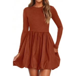 imagePRETTYGARDEN Fall Dresses for Women 2025 Casual Long Sleeve Bubble Cute Crew Neck A Line Mini Short Dress with PocketsBrick Red