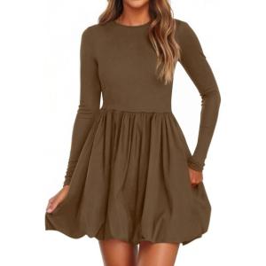 imagePRETTYGARDEN Fall Dresses for Women 2025 Casual Long Sleeve Bubble Cute Crew Neck A Line Mini Short Dress with PocketsBrown