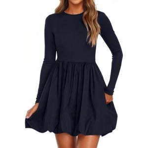 imagePRETTYGARDEN Fall Dresses for Women 2025 Casual Long Sleeve Bubble Cute Crew Neck A Line Mini Short Dress with PocketsNavy
