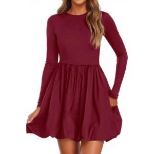 imagePRETTYGARDEN Fall Dresses for Women 2025 Casual Long Sleeve Bubble Cute Crew Neck A Line Mini Short Dress with PocketsWine Red