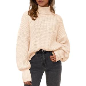imagePRETTYGARDEN Fall Oversized Sweaters for Women 2025 Chunky Knit Long Sleeve Turtle Neck Pullover Tops Cozy Winter ClothingBeige